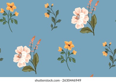Padrão floral sem emenda, impressão romântica ditsy em vintage motivo rústico. Design botânico delicado de flores grandes desenhadas à mão, folhas, pequenos buquês bonitos no fundo azul. Ilustração vetorial.