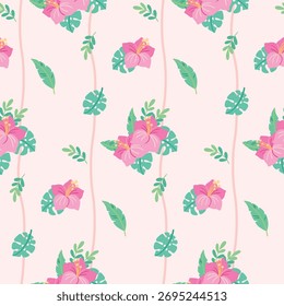 Seamless floral pattern, romantic ditsy print in a liberty motif. Cute botanical design of hand-drawn small hibiscus flowers, tiny leaves, simple bouquets on a white background. Vector illustration.