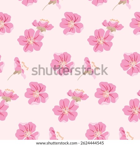 Seamless floral pattern, romantic ditsy print with delicate sakura buds. Pretty botanical design of hand drawn pink flowers in abstract composition. Feminine fashion print. Vector illustration.