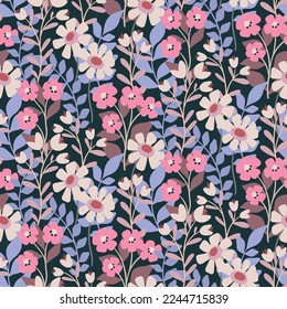 Seamless floral pattern, romantic flower print with wild garden. Cute ditsy design, botanical cover with gentle meadow: small hand drawn flowers, leaves, herbs on dark background. Vector illustration.