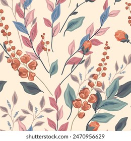 Seamless floral pattern, romantic flower print, abstract ornament in spring style. Botanical design: small hand drawn wild flowers, large leaves, tiny twigs in fond pastel colors. Vector illustration.