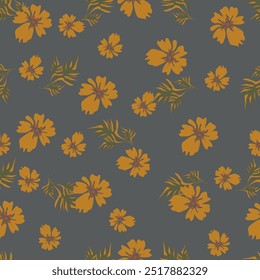 Padrão floral contínuo, impressão de flor romântica em estilo rústico vintage. Liberty ditsy design com pequenas plantas desenhadas à mão: flores amarelas bonitas, folhas minúsculas em um fundo claro. Ilustração vetorial.