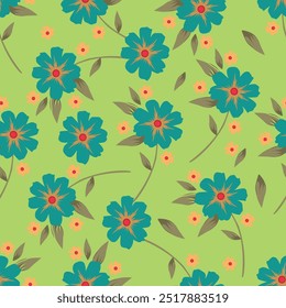 Seamless floral pattern, romantic flower print in vintage rustic style. Liberty ditsy design with small hand drawn plants: cute yellow flowers, tiny leaves on a light background. Vector illustration.