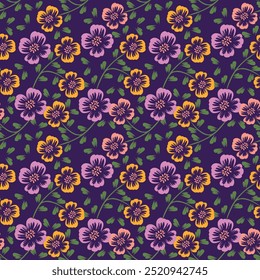 Seamless floral pattern, romantic flower print in vintage rustic style. Liberty ditsy design with small hand drawn plants: cute yellow flowers, tiny leaves on a light background. Vector illustration.