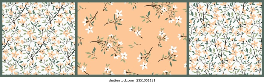 Seamless floral pattern, romantic liberty ditsy print with gentle spring garden in collection. Cute botanical design: hand drawn mini flowers, tiny leaves, small branches on a light background. Vector