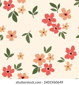 Seamless floral pattern, romantic liberty ditsy print with small pink, red flowers. Cute botanical design: small hand drawn daisy flowers, tiny leaves, simple bouquets on light. Vector flower pattern.