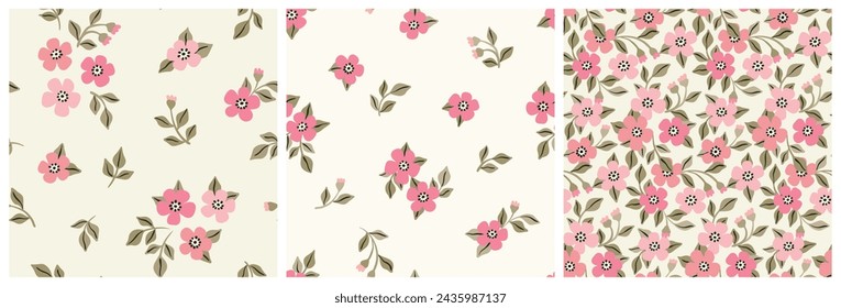 Seamless floral pattern, romantic liberty ditsy print of mini pink flowers. Botanical design collection, abstract ornament: small cute hand drawn flowers, leaves on white surface. Vector illustration.