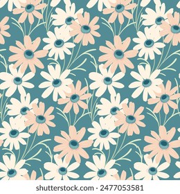 Seamless floral pattern, romantic liberty ditsy print, abstract nature ornament in delicate colors. Botanical design: small hand drawn chamomile flowers, leaves on a blue field. Vector illustration.