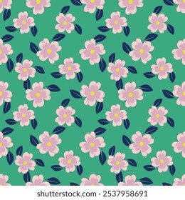 Padrão floral perfeito, impressão romântica da liberdade. Design botânico bonito no motivo primavera: plantas desenhadas à mão muito pequenas, flores vermelhas, folhas, mini buquês em rosa claro. Padrão de flor vetorial.