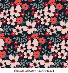 Seamless floral pattern, romantic print with a gentle meadow, decorative flowers and leaves on a dark field. Beautiful botanical background with small hand drawn plants. surface graphic design. Vector
