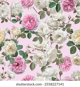 Seamless floral pattern with romantic roses and soft botanical leaves. Ideal for fabric prints, wallpaper backgrounds, interior decoration, and vintage inspired textile design.