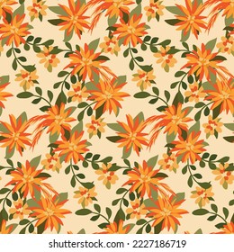 Patrón floral sin foco, impresión de color marrón romántico con flores amarillas dibujadas a mano. Bonito diseño floral, disposición de flores pequeñas, hojas diminutas sobre un fondo claro. Ilustración del vector