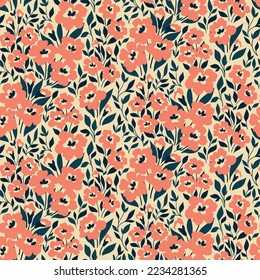 Seamless floral pattern with a romantic vintage motif. Cute ditsy print, liberty flower design with hand drawn wild plants: small flowers, tiny leaves on light background. Vector illustration.