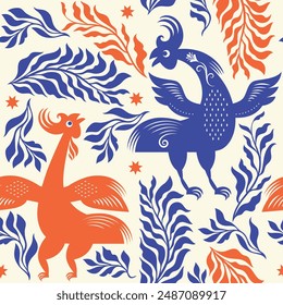 Seamless floral pattern with rooster, branches and leaves, elegance beautiful botanical pattern