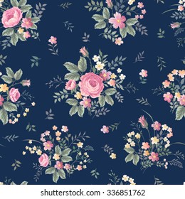 seamless floral pattern with rose bouquet on dark blue background