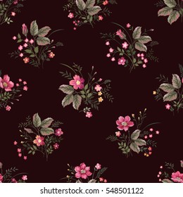 estampado floral sin fisuras con ramo de rosa sobre fondo oscuro