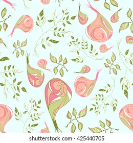 Seamless floral pattern. Rose branch and leaves elements. Doodle design.