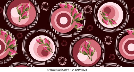 Seamless floral pattern with rose buds and geometric elements. Flower background for textile, cover, wallpaper, gift packaging, printing.Romantic design for calico, silk.