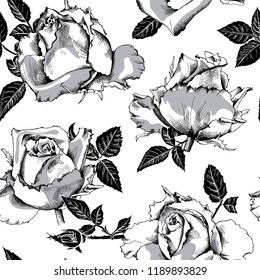 Seamless floral pattern. Rose flowers and leaves. Textile composition, hand drawn style print. Vector black and white illustration.