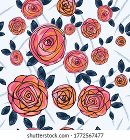 Seamless floral pattern. Rose flowers in a decorative doodle style. Background for packaging, textile, wallpaper, fabric, kiramiki. Vector graphic illustration.