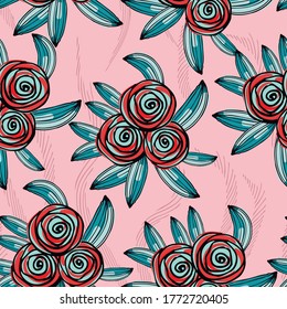 Patrón floral sin foco. Flores de rosa de estilo doodle decorativo. Fondo para el embalaje, textil, papel pintado, tela, kiramiki. Ilustración gráfica vectorial.