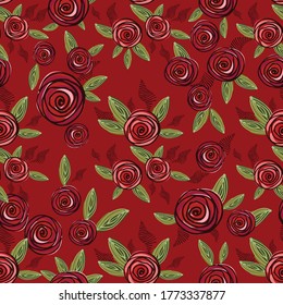 Seamless floral pattern. Rose flowers in a decorative doodle style. Background for packaging, textile, wallpaper, fabric, kiramiki. Vector graphic illustration.