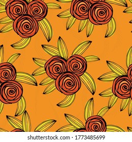 Seamless floral pattern. Rose flowers in a decorative doodle style. Background for packaging, textile, wallpaper, fabric, kiramiki. Vector graphic illustration.
