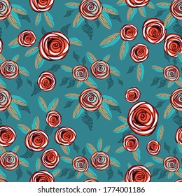 Seamless floral pattern. Rose flowers in a decorative doodle style. Background for packaging, textile, wallpaper, fabric, kiramiki. Vector graphic illustration.