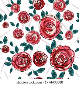 Seamless floral pattern. Rose flowers in a decorative doodle style. Background for packaging, textile, wallpaper, fabric, kiramiki. Vector graphic illustration.