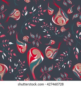 Seamless floral pattern, rose flowers and leaves elements. Doodle style.