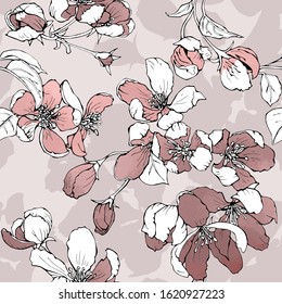 Seamless floral pattern. Rose Gold Cherry flowers and leaves. Textile composition, hand drawn style print. Vector illustration.