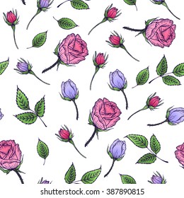 Seamless floral pattern with rose and leaf, background of pink and lilac roses, hand painted vector illustration for card, mother's day, wedding, birthday, textile, web, wallpaper, holiday