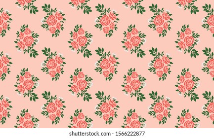 Seamless floral pattern with rose on bright peach background.
