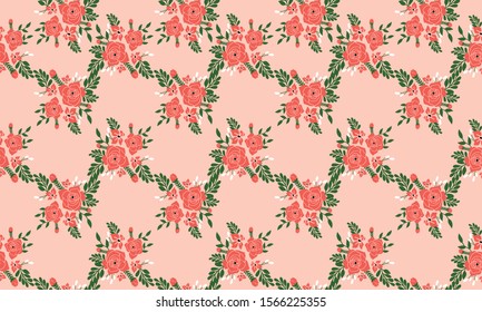 Seamless floral pattern with rose on bright peach background.