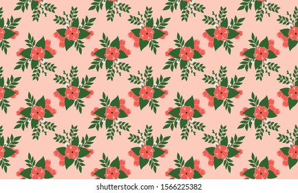 Seamless floral pattern with rose on bright peach background.
