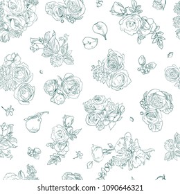 Seamless floral pattern with rose and pear, green line on white. Hand drawn illustration for fabric, wrapping, prints