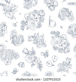 Seamless floral pattern with rose and pear, blue line on white. Hand drawn illustration for fabric, wrapping, prints