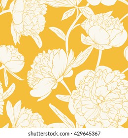 Seamless floral pattern with rose peonies. Beige flowers on yellow background.