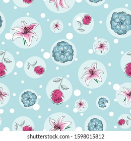 Seamless floral pattern of rose, succulent, and lily flowers in circles on blue