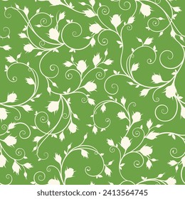 Nahtlose Blumenmuster mit Rosenreben. Blumendruck grün und weiß. Vektorgrafik. Handgezeichnete Illustration, nicht AI