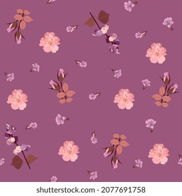 Patrón floral sin foco con rosebudos, ramas de dolichos y flores de bacopa rosa sobre fondo morado claro. Imprimir para tela.