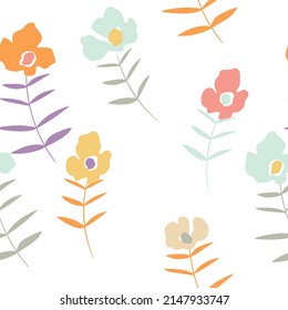 Seamless floral pattern with roses based on traditional folk art ornaments. Colorful flowers on white background. Vector illustration. Simple minimalistic pattern. Design for fabric, textile, paper.