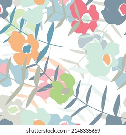 Seamless floral pattern with roses based on traditional folk art ornaments. Colorful flowers on white background. Vector illustration. Simple minimalistic pattern. Design for fabric, textile, paper.