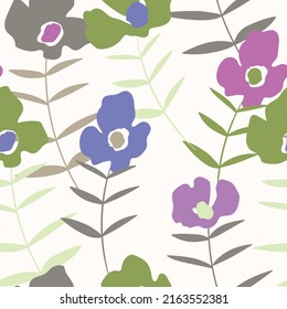 Seamless floral pattern with roses based on traditional folk art ornaments. Colorful flowers on white background. Doodle style. Vector illustration. Design for fabric, textile, paper.