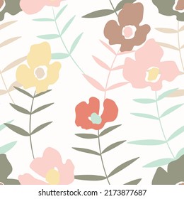 Seamless floral pattern with roses based on traditional folk art ornaments. Colorful flowers on white background. Doodle style. Vector illustration. Design for fabric, textile, paper.