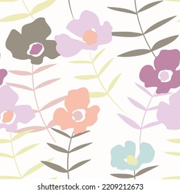 Seamless floral pattern with roses based on traditional folk art ornaments. Colorful flowers on white background. Doodle style. Vector illustration. Simple pattern. Design for fabric, textile, paper.