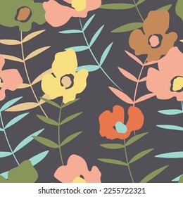 Seamless floral pattern with roses based on traditional folk art ornaments. Colorful flowers on white background. Doodle style. Vector illustration. Design for fabric, textile, paper.