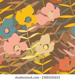 Seamless floral pattern with roses based on traditional folk art ornaments. Flowers on color background. Doodle style. Vector illustration. Simple minimalistic pattern. Design for fabric, textile.