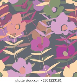 Seamless floral pattern with roses based on traditional folk art ornaments. Flowers on color background. Doodle style. Vector illustration. Design for fabric, textile, paper.