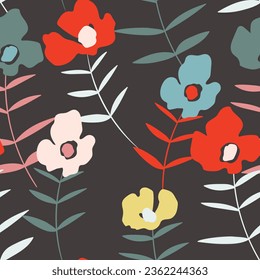 Seamless floral pattern with roses based on traditional folk art ornaments. Colorful flowers on color background. Doodle style. Vector illustration. Design for fabric, textile, paper.